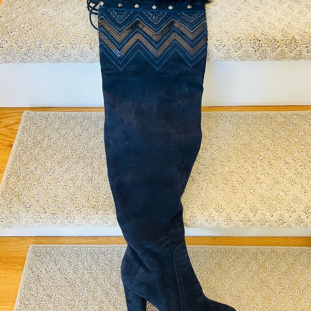 Black Over the Knee Boots with High Heel and Studded Design